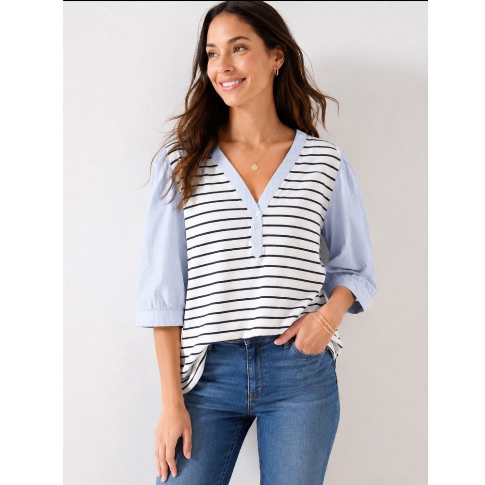 LOFT Striped Henley Top XL White Navy Mixed Media Puff Sleeve Nautical Preppy
